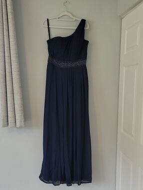 Bill Levkoff One-Shoulder Navy Formal Gown with Beaded Waist